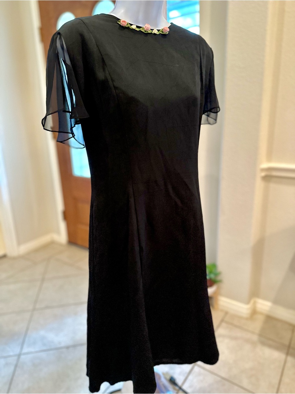 Vintage MCM Black Midi Dress with Floral-Trim Neckline